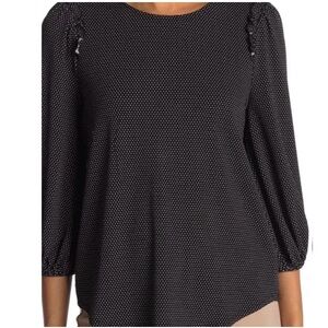 ADRIANNA PAPELL NWT Black & White Polka Dot Ruffle Detail Top Blouse Size L